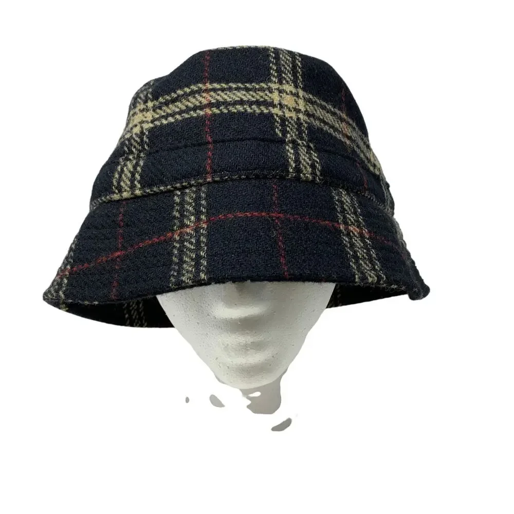 J.Crew Bucket Hat Womens Size M/L Black Cream Plaid 100% Lambs Wool